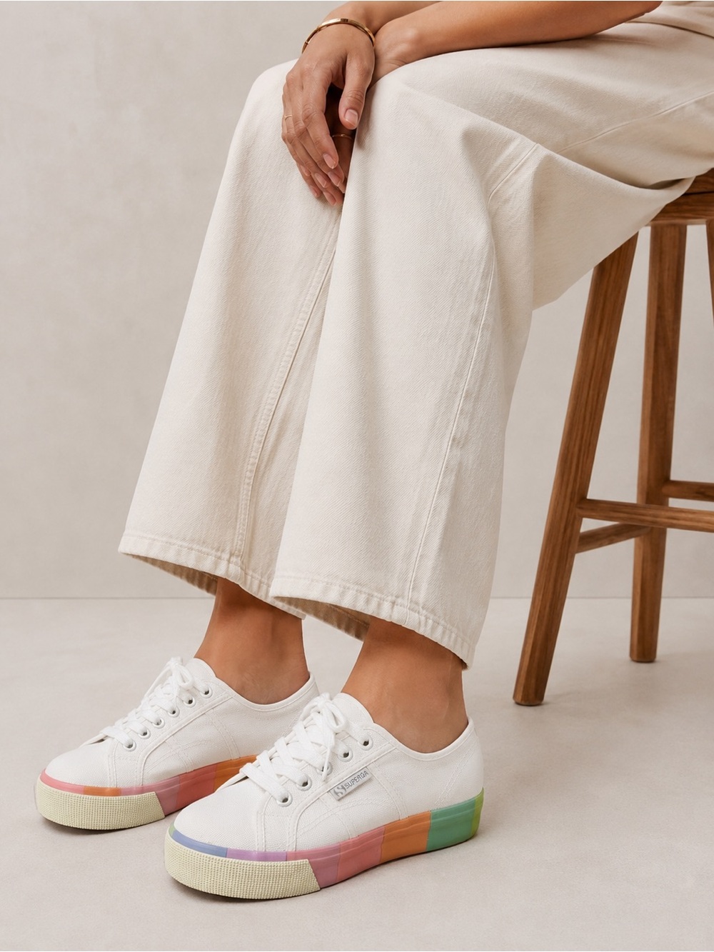 Unisex Superga White Canvas Platform Sneakers with Rainbow Sole US 7.5 (EU 38)